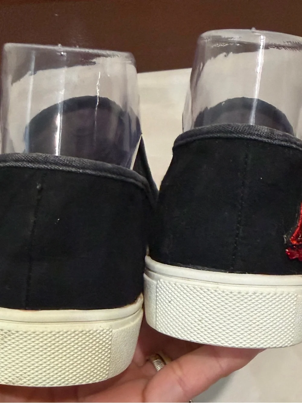 Betsey Johnson Black Slip-On Sneakers with Gold Bee Embroidery & Red Heart